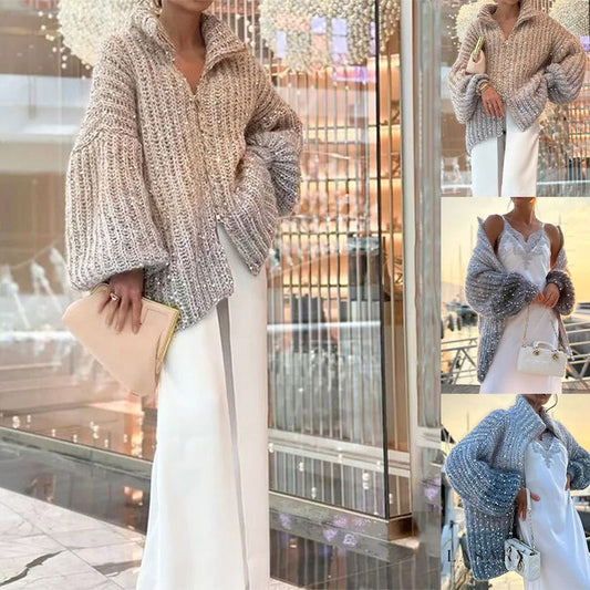 Modny damski sweter z zamkiem błyskawicznym z cekinami