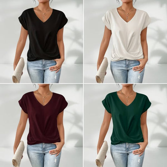 👚 Casual Krótki Rękaw Elegancki T-shirt z Dekoltem w Serek
