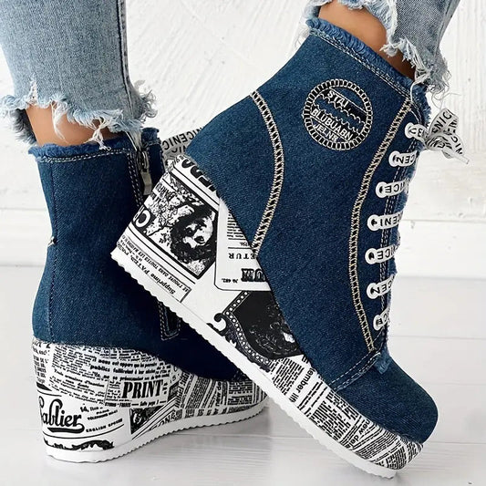 Modne damskie buty jeansowe na platformie w jednolitym kolorze