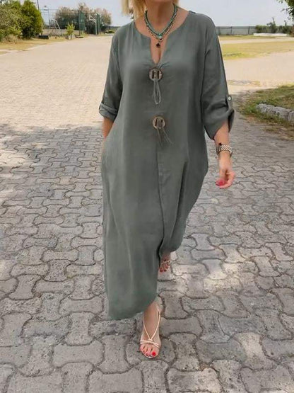 Casualowa sukienka z bawełny i lnu z dekoltem w szpic👍