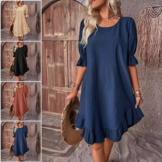 2025 Nowa bawełniana lniana sukienka Plus Size z półrękawkiem i elegancką spódnicą