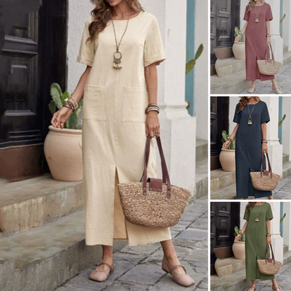 🌈Bawełniano-lniana luźna sukienka z okrągłym dekoltem