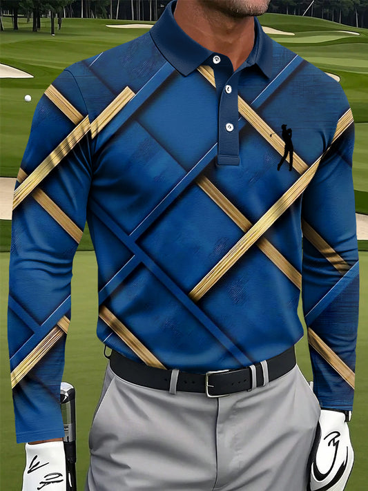 Męska abstrakcyjna geometryczna koszulka polo z długim rękawem w stylu retro
