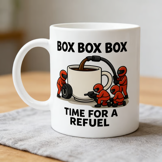 🏎️ 🏁Box Box Box! Czas na uzupełnienie paliwa Kubek do kawy – idealny prezent dla fanów wyścigów samochodów formuły