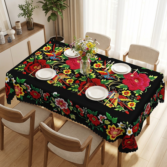 Mexican Floral Tablecloth with Scalloped Edge