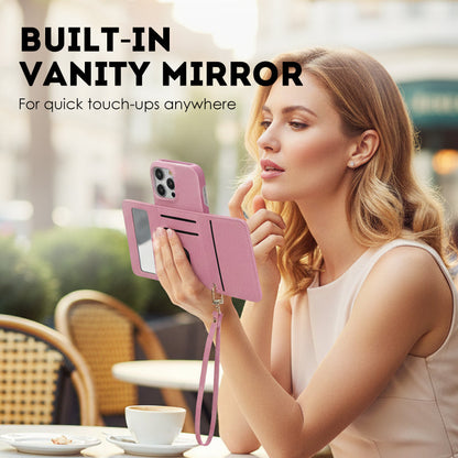 Różowy etui ochronne na telefon z lusterkiem i paskiem na nadgarstek