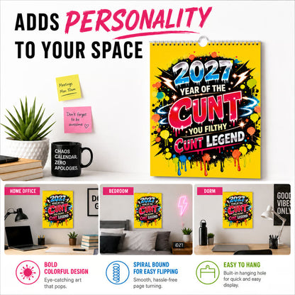 💥 Kalendarz ścienny „Year of the Cunt” na rok 2027 – z odważnym humorem w stylu graffiti 📆🔥