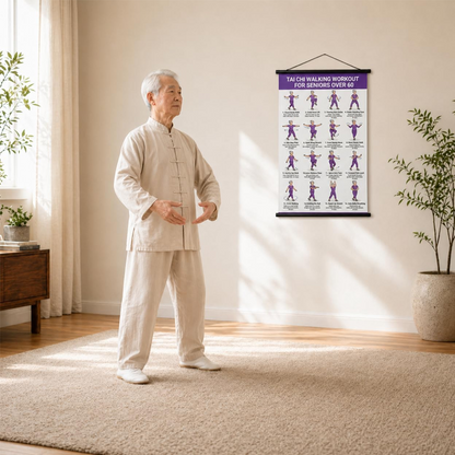 Plakat z ćwiczeniami Tai Chi dla seniorów – 16 prostych ćwiczeń krok po kroku