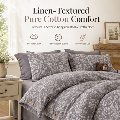🛏️🌿 Bawełniany komplet pościeli w stylu vintage - lniana faktura, gruby materiał i retro guziki ✨
