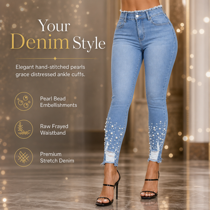 👖✨ Damskie jasnoniebieskie jeansy Skinny z perełkami - dopasowany krój, postrzępione wykończenie i modne detale