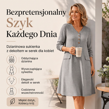🌸 Sukienka z pionowymi pasami – Dzianinowa, dekolt w serek, kobieca