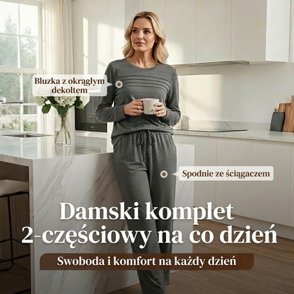🌸 Damski komplet z okrągłym wycięciem szyi i spodniami ze ściągaczem – Wygodny na co dzień ✨