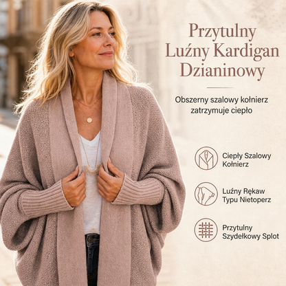 Luźny kardigan damski z dzianiny, rękawy nietoperzowe, rozpinany szal, na jesień i zimę